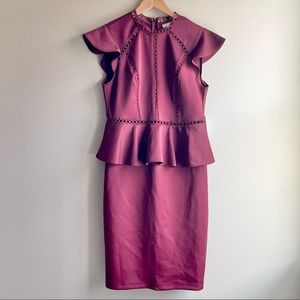 NWT Bisou Bisou Michele Bohbot Wine Color Dark Burgundy Peplum Dress